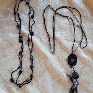 Two Long Black Beaded Necklaces